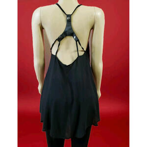 Stylestalker Ghotic Size 2 Women's Knit Tunic Top BLACK vegan leather Trim /B10